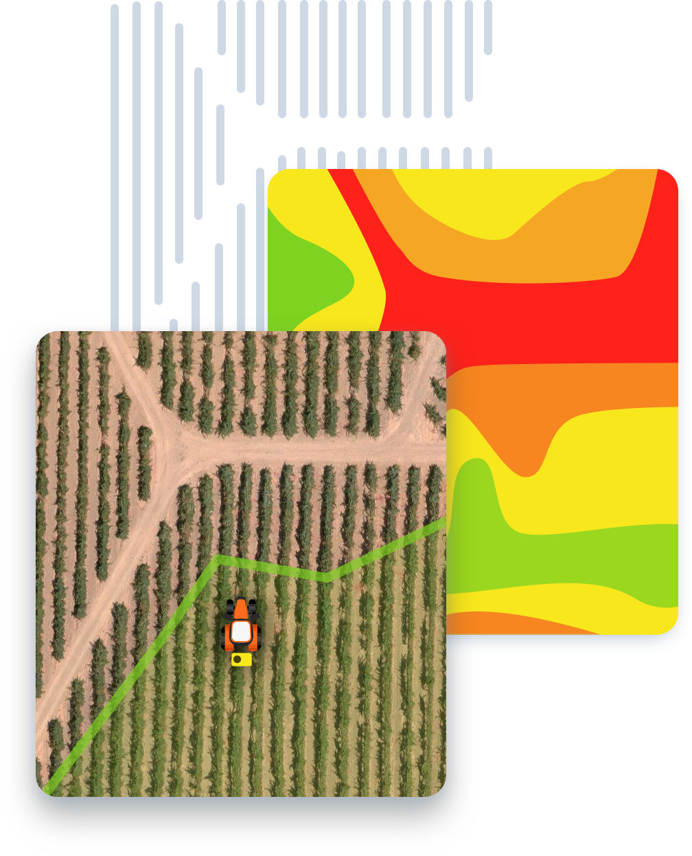 Platfarm illustration combining vineyard rows, a tractor tracking path, and a colour-coded prescription map